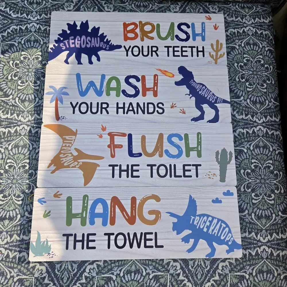 4 Pcs Watercolor Dinosaur Bathroom Wall Decor Bathroom Rules Wooden Hanging